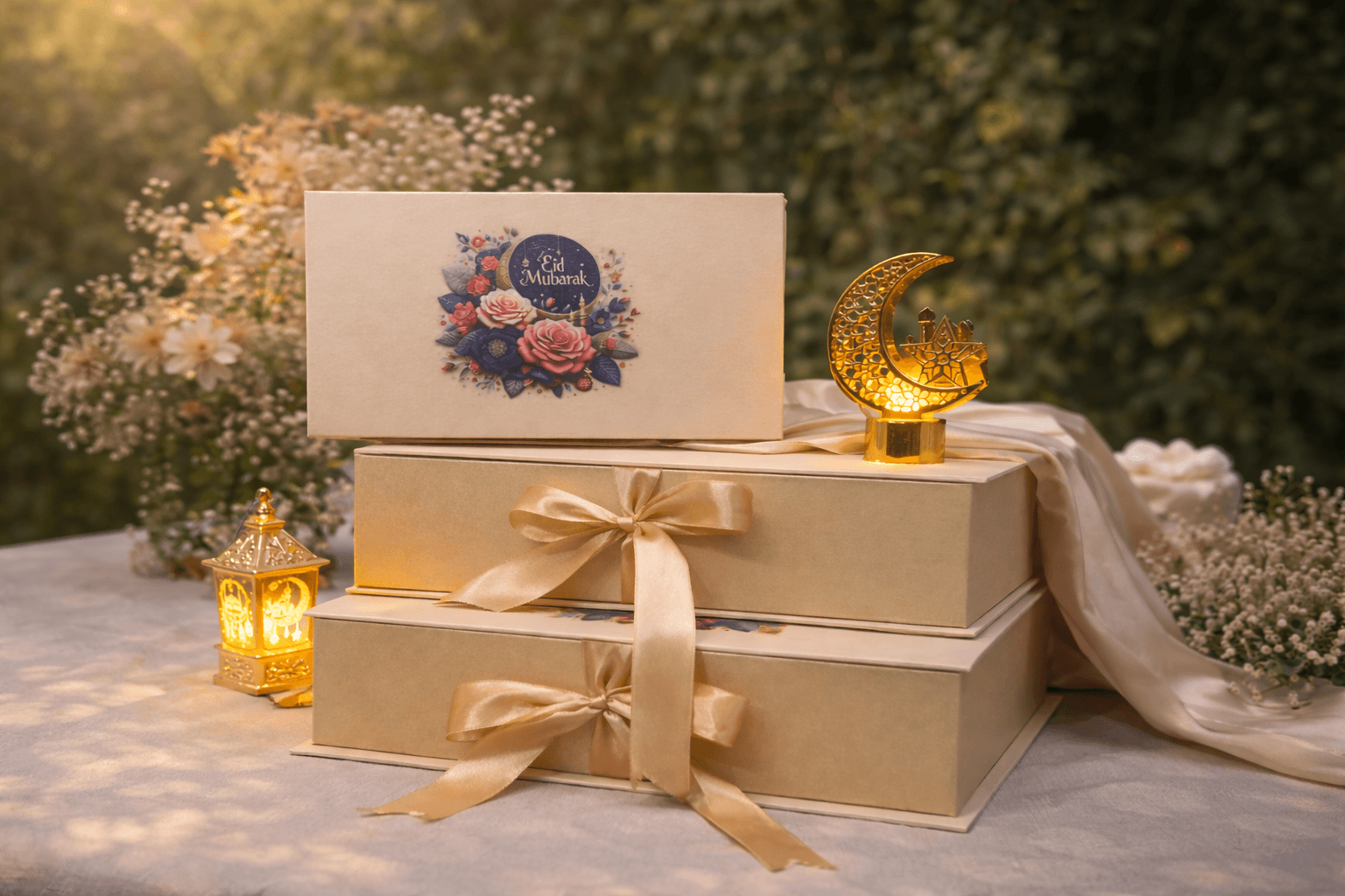 Tumpukan kotak kado Idul Fitri elegan dengan pita emas, lampu hias, dan latar bunga.