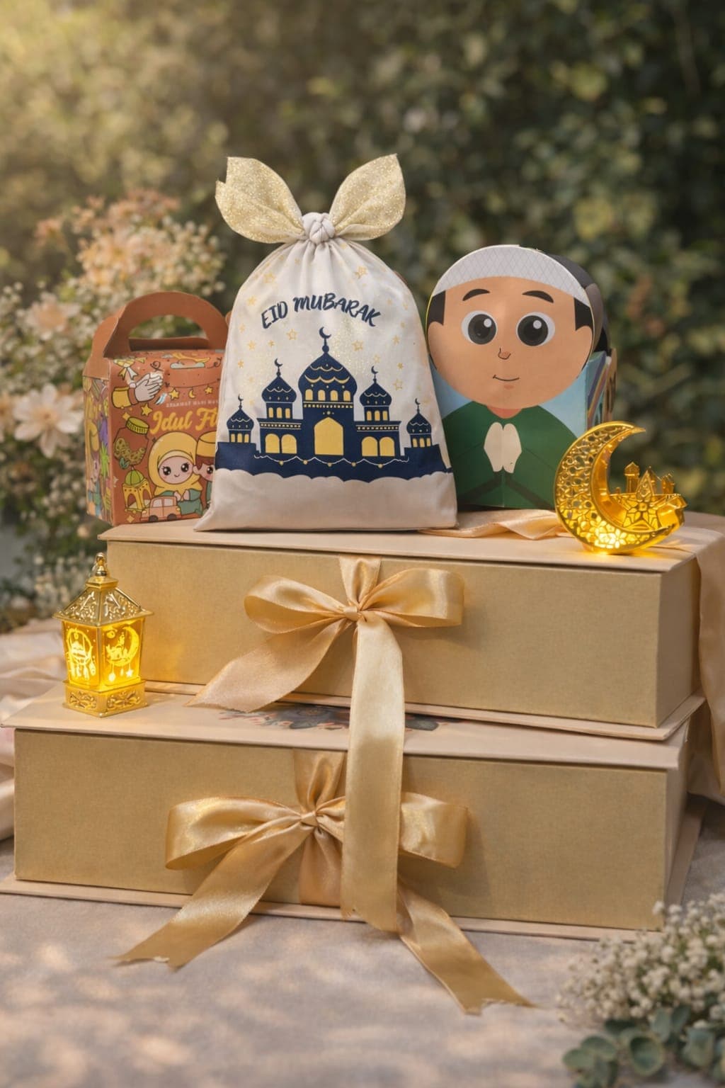 Tumpukan kotak kado emas dengan tas serut Eid Mubarak dan lampu hias bertema Idul Fitri.